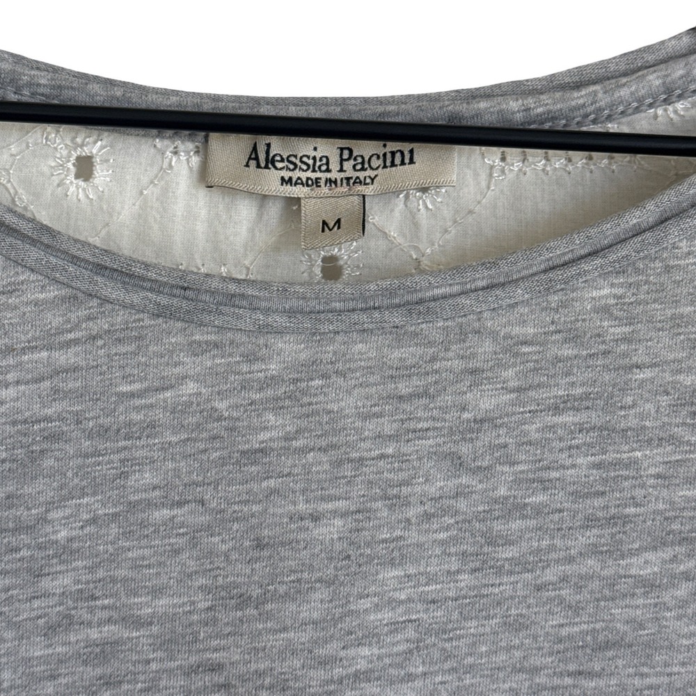 Alessia Pacini Italian Mixed Media Eyelet Back Top Gray Blue Striped Size M - Picture 6 of 10